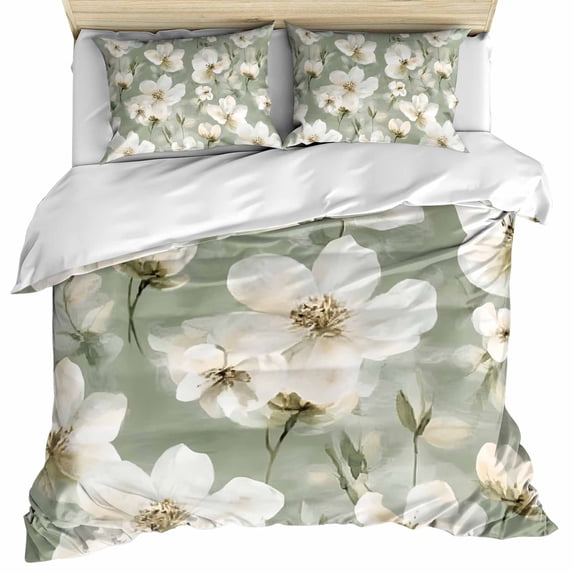 Sage Green Spring Floral Bedding 3 Piece Duvet Cover Set Queen Size, Summer Botanical Flower Soft Microfiber Comforter Cover with Zipper Closure & Pillowcases, Wrinkle & FadeResistant Quilt Cover