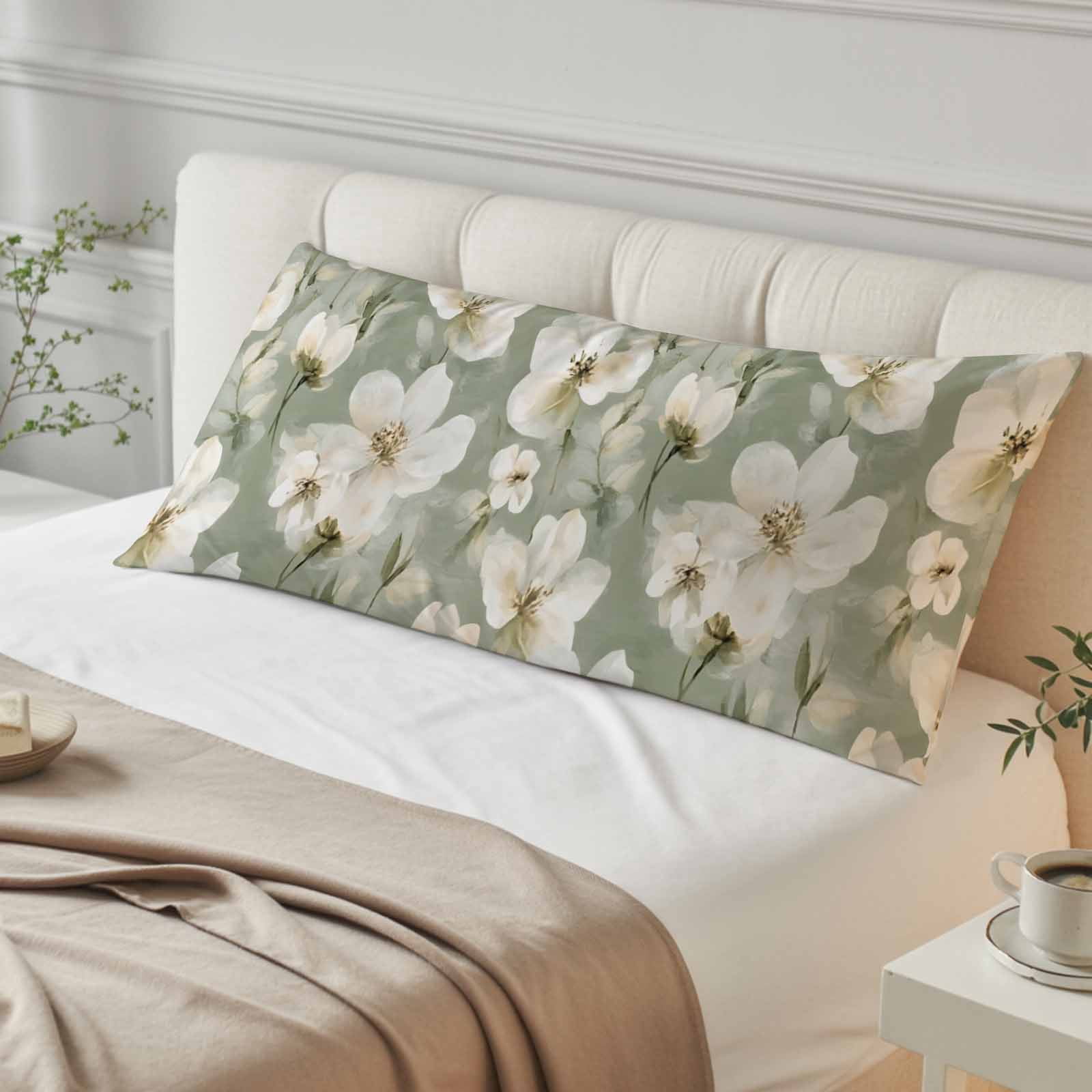 Sage Green Spring Floral Body Pillow Cover, Pillowcase Protectors with Zipper, Breathable Decorative Throw Pillow Case Cover, Summer Botanical Flower Pillow Shams for Couch Sofa 20x54Inch