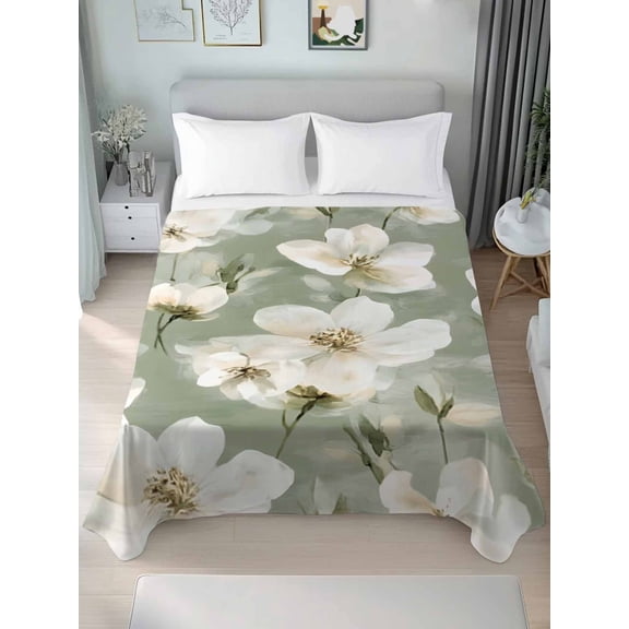 Sage Green Spring Floral California King Size Flat Sheet, Wrinkleproof & Fadeproof Cooling Flat Bed Sheet Only, Summer Botanical Flower Breathable Soft Bedding Top Sheets 108 x 98 Inches