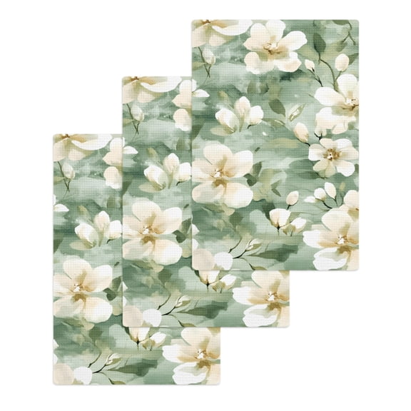 Sage Green Spring Floral Hand Towels Set, Waffle Weave Kitchen Towels 3 Pieces, Summer Botanical Farmhouse Microfiber Hair Face Bath Tea Towel Absorbent Quick Drying Cleaning Dish Cloths, 15.7"x23.6"