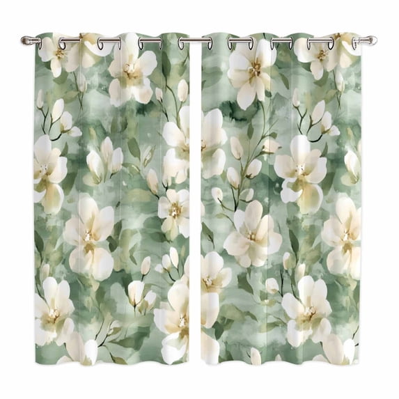 Sage Green Spring Floral Kitchen Curtains 63 Inch Length, Summer Botanical Farmhouse Grommet Top Bedroom Living Room Curtains, Light Filtering Cafe Curtain Drapes 2 Panels Set 84''x63''