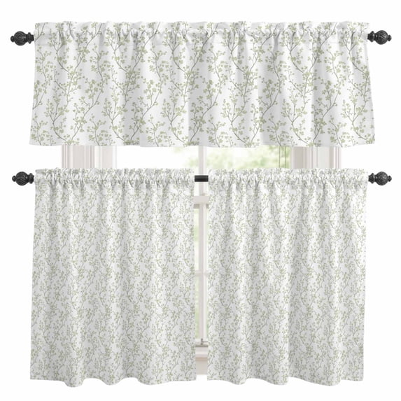 Sage Green Spring Floral Kitchen Curtains Sets for Windows 24 Inch Length, Summer Botanical Watercolor Rod Pocket Window Treatments Tier Curtains and Valances Set for Bedroom/Bathroom