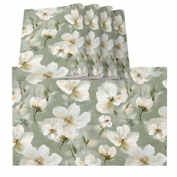 Sage Green Spring Floral Placemats for Dinning Table Set of 4, Summer Botanical Flower Burlap Kitchen Place Mats Waterproof Cloth Table Mats, Indoor Outdoor Placemats Easy Clean Dinner Decor