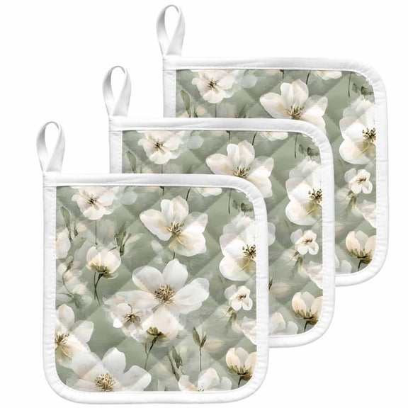 Sage Green Spring Floral Pot Holders for Kitchen Heatproof Potholder, 3 Pack Summer Botanical Flower Hot Pads Multipurpose Oven Pads Cloth Potholders Trivet for Cooking Baking