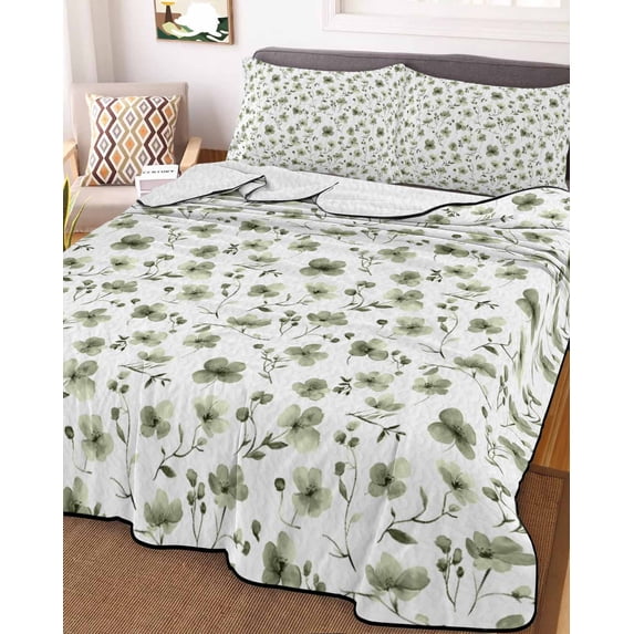 Sage Green Spring Floral Queen Size Down Alternative Comforter, Lightweight Comforter Quilt Bedding Set with Pillow Shams Summer Botanical Elegant All Seasons Bed Comforter Duvet Insert 90"x96"