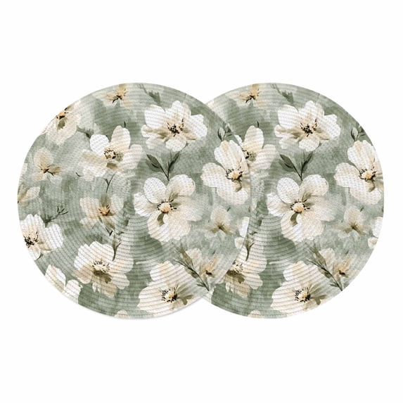 Sage Green Spring Floral Round 13 Inch Placemats Set of 2, Summer Botanical Flowers HeatResistant Non Slip Place Mats for Dining Table, Wipeable Braided Kitchen Table Mats for Housewarming