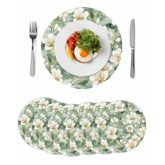 Sage Green Spring Floral Round 13 Inch Placemats Set of 6, Summer Botanical Farmhouse HeatResistant Non Slip Place Mats for Dining Table, Wipeable Braided Kitchen Table Mats for Housewarming