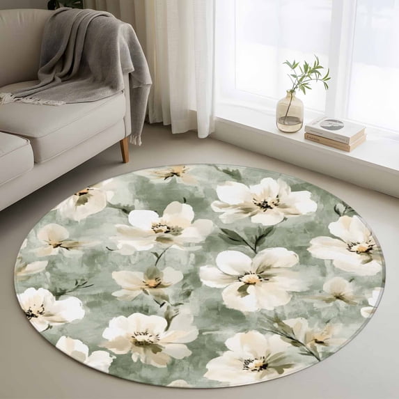 Sage Green Spring Floral Round Area Rug 4 FT, Non Slip Indoor Outdoor Rug, Summer Botanical Flowers Washable Soft Circular Carpet Non-Shedding Floor Mat for Coffee Table Nursery Foyer Balcony
