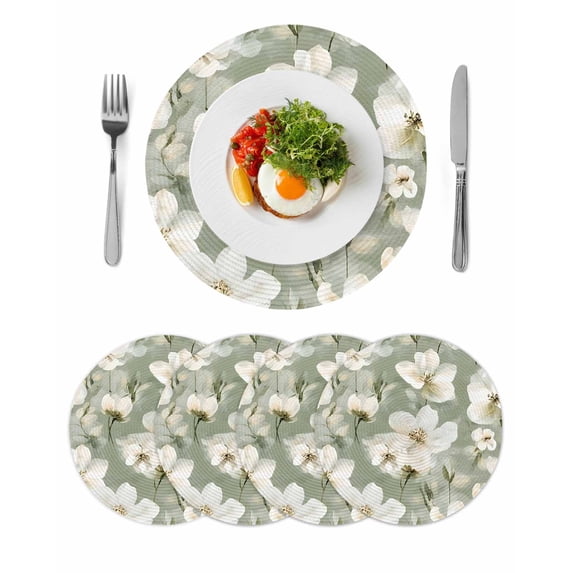 Sage Green Spring Floral Round Placemats Set of 4 for Dinning Tables,Heat-proof Braided Table Mats 13 Inch,Summer Botanical Flower Washable Place Mat for Kitchen Restaurant Party Decor Table Setting