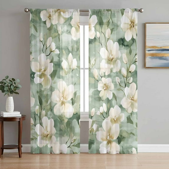Sage Green Spring Floral Semi Sheer Curtains 84 Inch Length 2 Panels Set, Summer Botanical Farmhouse Sheer Kitchen Curtain Privacy Voile Window Curtain for Living Room Bedroom Rod Pocket Drapes