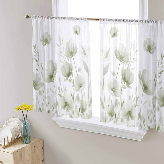Sage Green Spring Floral Sheer Curtains 54 Inch Length 2 Panels Set for Living Room/Bedroom, Summer Botanical Watercolor Vintage Curtain Sheers Drapes Rod Pocket Curtains Window Treatment 52''x54''x2