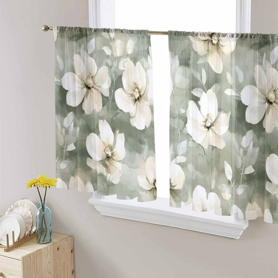 Sage Green Spring Floral Sheer Curtains 54 Inch Length 2 Panels Set for Living Room/Bedroom, Watercolor Summer Flower Semi Curtain Sheers Drapes Rod Pocket Curtains Window Treatment Set 52''x54''x2