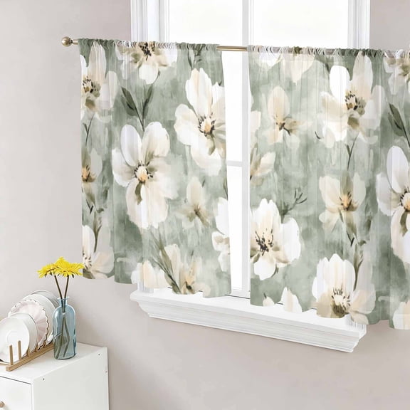 Sage Green Spring Floral Sheer Curtains 54 Inch Length 2 Panels Set, Summer Botanical Flowers Voile Window Treatment Rod Pocket Short Kitchen Curtains Drapes for Bedroom 52"x54"x2