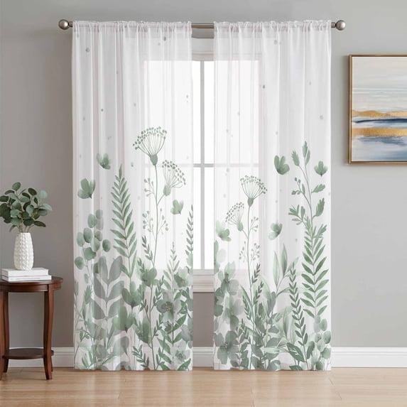 Sage Green Spring Floral Sheer Curtains 63 Inch Length 2 Panels Set, Watercolor Elegant Pastoral Flowers Voile Window Treatment Curtains Sheers Drapes for Bedroom/Living Room/Kitchen 52x"63"x2