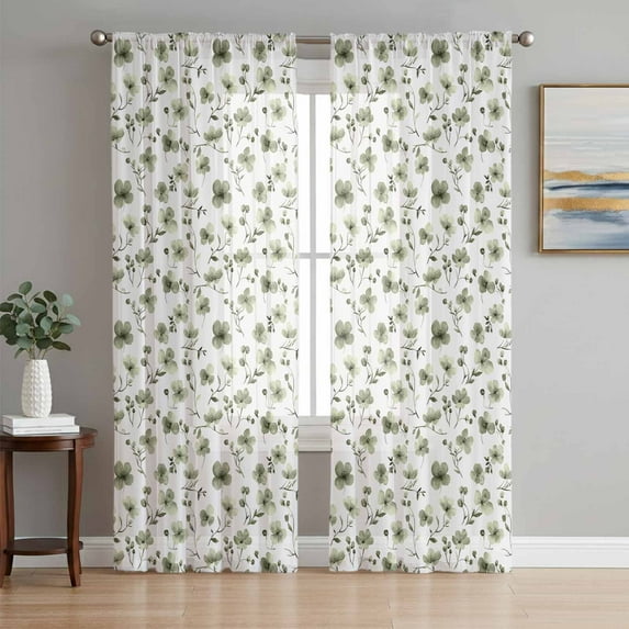 Sage Green Spring Floral Sheer Curtains 72 Inch Length 2 Panels Set, Summer Botanical Elegant Voile Window Treatment Rod Pocket Curtains Sheers Drapes for Bedroom/Living Room/Kitchen 52"x72"x2