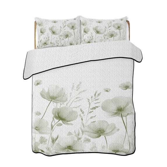 Sage Green Spring Floral Summer Quilt Set Queen Size,Soft Quilted Bedding Set with 2 Pillow Shams,Summer Botanical Watercolor Vintage Lightweight All Season Bedspread Coverlet for Bedroom 90"x96"