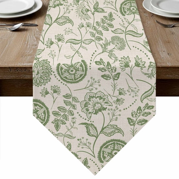 Sage Green Spring Floral Table Runner Linen Burlap Table Runner 72 Inches Long Retro Summer Botanical Farmhouse Dresser Scarves for Kitchen Island Coffee Dining Party Wedding Holiday Decor 14"x72"