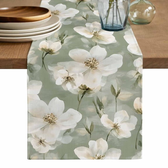 Sage Green Spring Floral Table Runner, Summer Botanical Flower Washable Cotton Linen Table Runners 36 Inches Long, Dresser Scarf Runner for Nightstand/End Tables/Round Tables 13''x36''