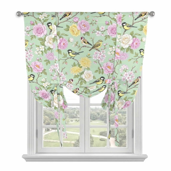 Sage Green Spring Floral Tie Up Curtains 45 Inches Long, Kitchen Window Curtains Over Sink, Elegant Farmhouse Flowers Birds Watercolor Window Curtains Balloon Curtains Valances for Bedroom 34"x45"