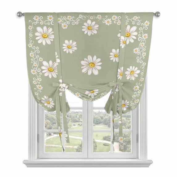 Sage Green Spring Floral Tie Up Curtains for Kitchen Windows,Adjustable Rod Pocket Valance 54 Inch Long, Daisy Flowers Elegant Farmhouse Art Window Treatment Balloon Roman Blind Shade, 42" x 54"