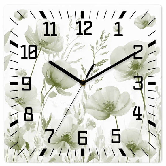 Sage Green Spring Floral Wooden Wall Clock Silent Non Ticking, Summer Botanical Watercolor Vintage Square Wall Clocks Battery Operated, Decor Clock for Home Office, Living Room, Kitchen, 12 Inch