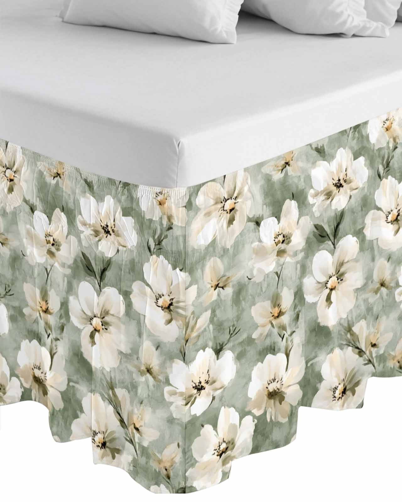 Sage Green Spring Floral Wrap Around Bed Skirts for King Bed 16" Drop, Bed Skirt with Adjustable Elastic Belt Dust Ruffle Bed Valance for Bedroom Hotel Luxury Summer Botanical Flowers Bed Frame Cover