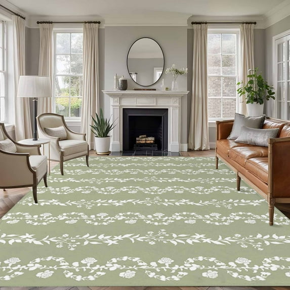 Sage Green Spring Leaves Area Rugs 5'x7', Small Throw Rugs for Laundry Room Playroom, Pastoral Botanical Striped Flowers Indoor Outdoor Rug Non-Slip Low Pile Carpet Runner Reversible Floor Mats