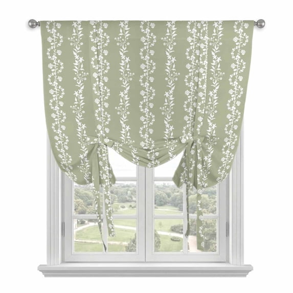 Sage Green Spring Leaves Balloon Curtains 63 Inch Length for Living Room/Bedroom, Pastoral Botanical Striped Flowers Rod Pocket Privacy Door Curtains Decorative Tie Up Shade for Window 52"x63"