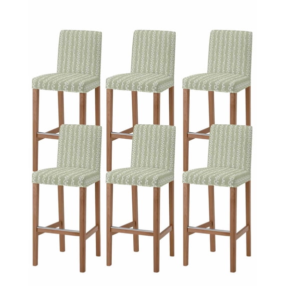 Sage Green Spring Leaves Bar Stool Covers Set of 6, Pastoral Botanical Striped Flowers Stretch Bar Chair Covers with Backs, Removable Pub Counter Height Chair Cover for Kitchen Dining Room Cafe