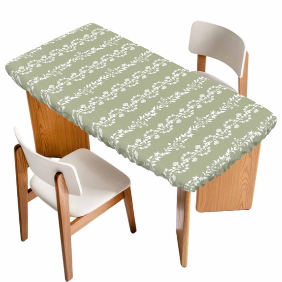 Sage Green Spring Leaves Table Cloths for 6 Foot Rectangle Tables, Pastoral Botanical Striped Flowers Patio Waterproof Elastic Fitted Tablecloths, Washable Rectangular Table Cover for Camping