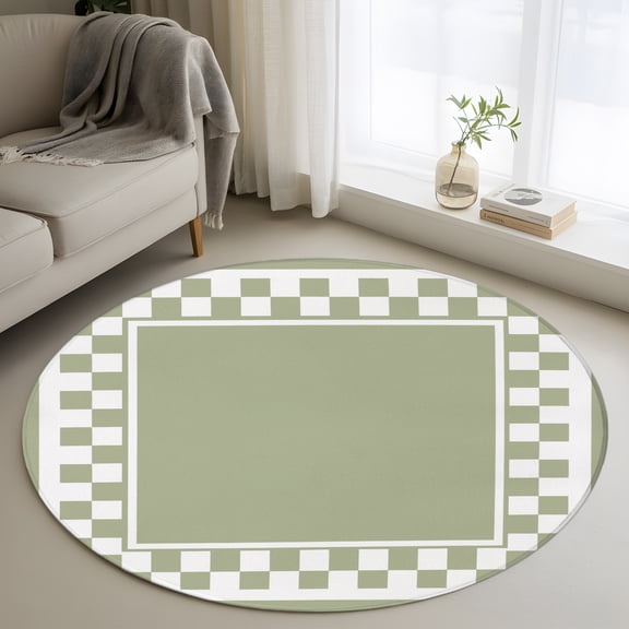 Sage Green Square 3FT Round Area Rugs Graphic Retro Green White Checkered Border Soft Small Round Rug Non-Slip, Ultra-Thin Circle Carpet for Bedroom Entryway Kitchen Bathroom