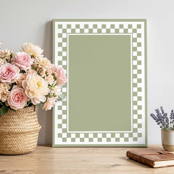 Sage Green Square Canvas Wall Art, Graphic Retro Green White Checkered Border Pictures Wall Decor Wooden Framed Artwork Art Prints for Living Room Hallway Bedroom Office 11"x14"