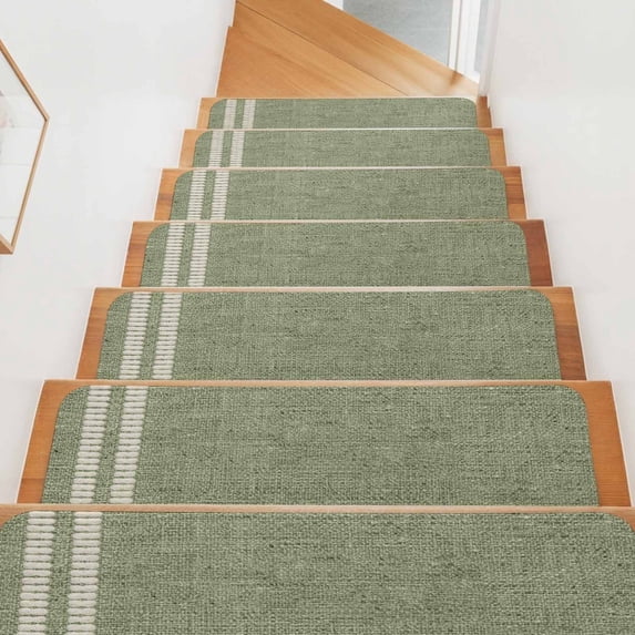 Sage Green Stair Treads Non Slip for Steps Oatmeal Beige Green Woven Fabric Texture Rustic Farmhouse 4 Pcs Reusable Adhesive Stair Runner Mats for Dogs Elders Carpet Treads Rugs for Staircase 8x30 In