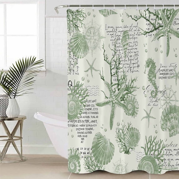 Sage Green Starfish Bathroom Curtain 72 Inch Shower Curtain with Hooks, Coastal Nautical Coral Rudder Shell Waterproof Polyester Bath Curtain Washable Bathtub Curtain 60''x 72''