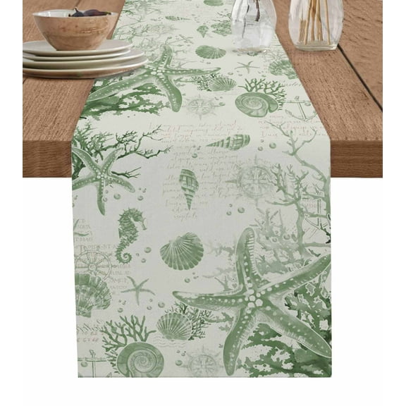 Sage Green Starfish Burlap Cotton Table Runner 13x70 Inches Long, Coastal Nautical Seahorse Conch Farmhouse Table Runners, Outdoor Dining Tablecloths Decor for Baby Shower/Party/Wedding