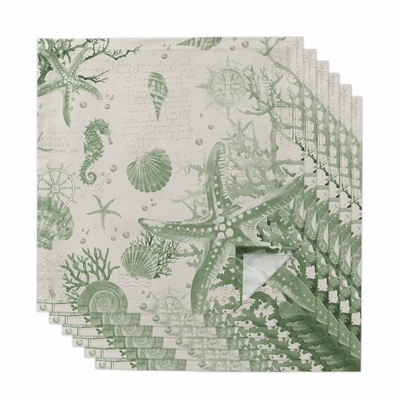 Sage Green Starfish Cloth Napkins, Coastal Nautical Seahorse Conch Washable and Reusable Dinner Napkins Set of 6, Table Napkin for Kitchen Party Birthday Wedding Hotel Housewarming 20"x20"