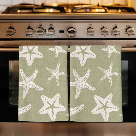 Sage Green Starfish Coastal Kitchen Towels Set of 4, Nautical Summer Ocean Abstract Art Absorbent Dish Towels for Kitchen, Microfiber Hand Towel, Quick Drying Tea Towel for Cleaning Dishcloths