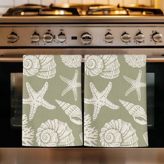 Sage Green Starfish Coastal Kitchen Towels Set of 4, Shell Summer Beach Nautical Absorbent Dish Towels for Kitchen, Microfiber Hand Towel, Quick Drying Tea Towel for Cleaning Decorative Dishcloths