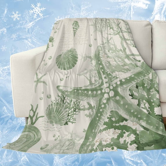 Sage Green Starfish Cooling Blanket,Lightweight Breathable Summer Throw Blanket with Double Sided Cold Effect,Coastal Nautical Seahorse Conch Picnic Blankets Bed Sheet for Hot Sleepers 30"x40"