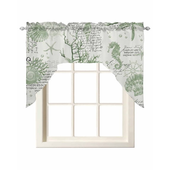 Sage Green Starfish Kitchen Curtains Swag Valance for Windows/Bathroom/Cafe, Coastal Nautical Coral Rudder Shell Rod Pocket Drape Panel Swag Curtain Valance for Bedroom/Living Room 55''x36''