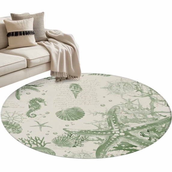 Sage Green Starfish Large Area Rugs for Bedroom Living Room, Soft Non Slip Carpet Bedside Rug, Coastal Nautical Seahorse Conch Round Floor Cover Kitchen Accent Rug 3.3' for Dining Room/Office