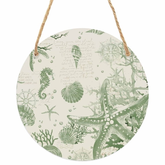 Sage Green Starfish Round Front Door Welcome Sign, 7.8 Inch Wall Hanging Decor for Indoor Outdoor, Coastal Nautical Seahorse Conch Home Porch Hanger Decorations for Holiday Gift