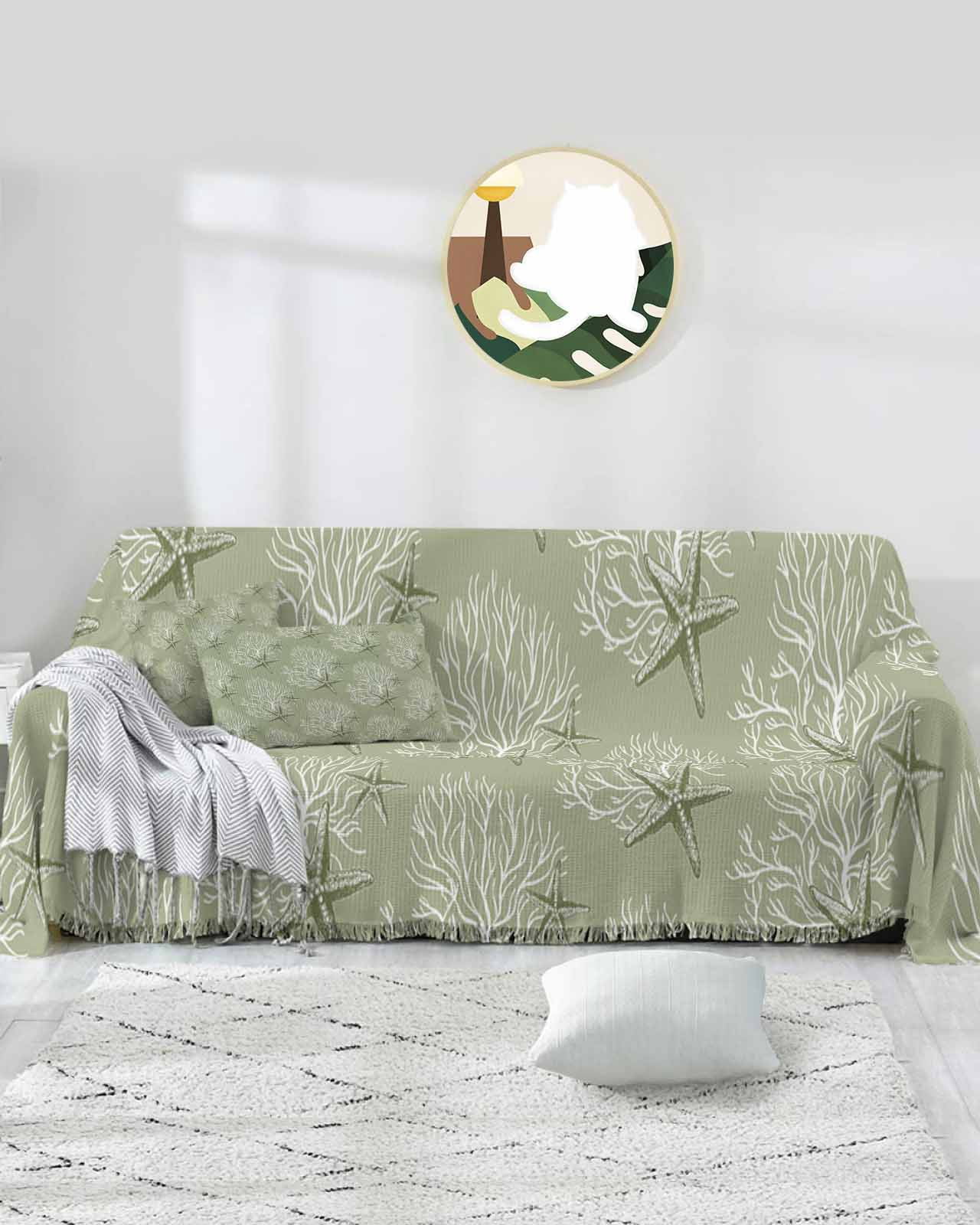 Sage Green Starfish Sofa Covers for 3 Cushion Couch,Washable Sectional & L Shape Couch Covers for Dog/Cat/Kid,Coastal Coral Nautical Summer Sea Non Slip Sofa Slipcover Tassel Futon Cover 71x150