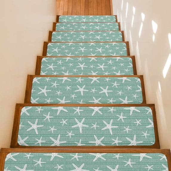 Sage Green Starfish Stair Treads Non Slip for Steps Coastal Summer Beach Sea Ocean 7 Pcs Reusable Adhesive Stair Runner Mats for Dogs Elders Carpet Treads Rugs for Staircase 8x30 In