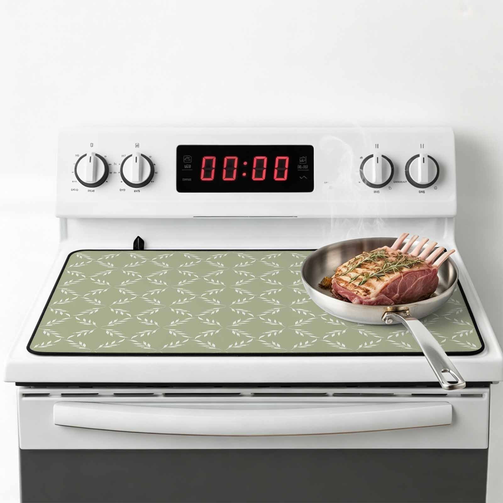 Sage Green Stove Top Cover for Electric Stove, Heat-proof & Non Slip Glass Top Stove Cover Protector, Geometric Flower Leaf Diamond Plaid Retro Kitchen Flat Cooktop Rubber Mat 31x24 Inches