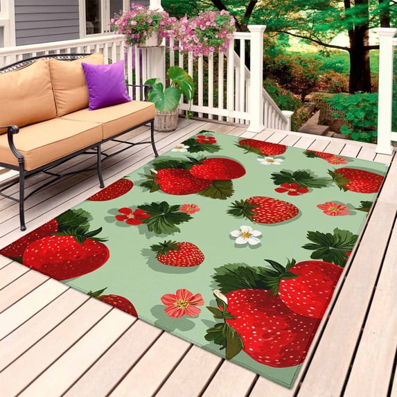 Sage Green Strawberry Outdoor Rug 5x7 Ft, Non Slip Washable Area Rug, Spring Floral Watercolor Summer Botanical Patio Rugs Carpet Runner, Large Floor Mat for Indoor/Outdoor Deck Porch Camping
