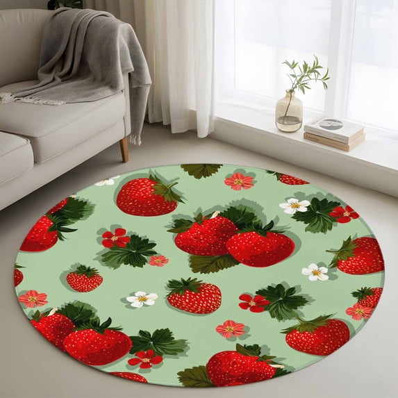 Sage Green Strawberry Round Area Rug 4ft, Spring Floral Watercolor Summer Botanical Washable Non-Slip Circle Rugs for Bedroom Living Room Kitchen, Soft Non Shedding Circle Carpet for Dining Room Dorm