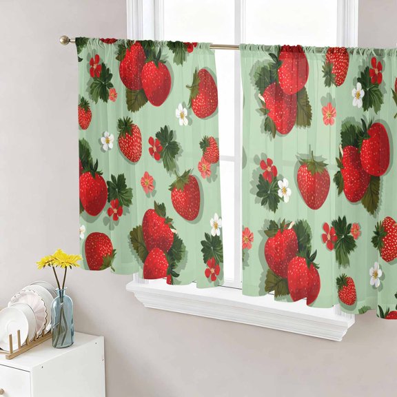 Sage Green Strawberry Sheer Curtains 45 Inches Length 2 Panels Set, Window Curtains for Living Room/Bedroom, Spring Floral Watercolor Summer Botanical Light Filter Rod Pocket Curtain 52''x45''x2