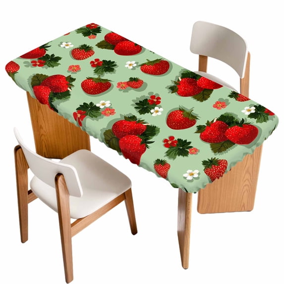 Sage Green Strawberry Table Cloths for 6 Foot Rectangle Tables, Spring Floral Watercolor Summer Botanical Patio Waterproof Elastic Fitted Tablecloths, Washable Rectangular Table Cover for Camping