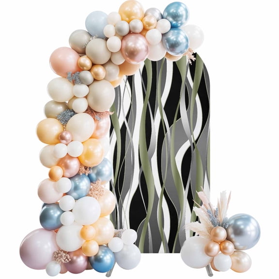 Sage Green Stripe Arch Backdrop Cover, Spandex Fitted Wedding Arch Cover, Grey White Geometric Modern Abstract Round Top Stand Covers for Birthday Ceremony Bridal Shower Party Decor 5x2.1 Ft